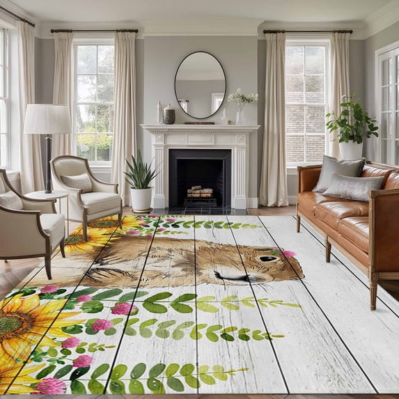 Groundhog Day Area Rugs 5'x7', Washable Small Throw Rugs for Laundry Room Playroom, Sunflower Spring Floral Botanical Vintage Indoor Outdoor Rug Non-Slip Low Pile Carpet Runner Reversible Floor Mats