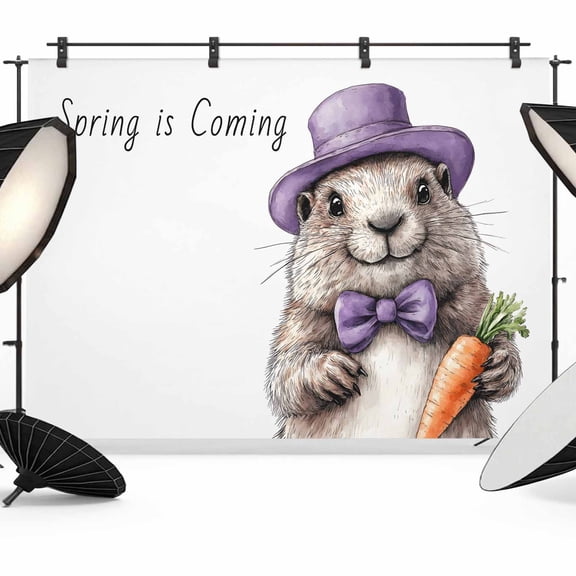 Groundhog Day Backdrop for Photography, Fabric Photo Background Backdrop, Spring Cute Grey Animals Carrot Photo Booth Background for Portrait Photoshoot Video Wedding Studio Decoration Banner 7x5ft