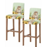 Groundhog Day Bar Stool Covers Set of 2, Green Plaid Sunflower Spring Floral Stretch Washable Bar Chair Covers with Backs, Removable Pub Counter Height Chair Cover for Kitchen Dining Room Cafe