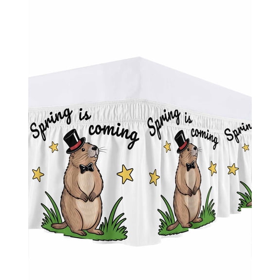 Groundhog Day Bed Skirt King Size 16 Inch Drop, Spring Is Coming Cartoon Groundhog Stars Grass Adjustable Elastic Dust Ruffles Bedskirt for King Bed Wrap Around Pleated Mattress Frame Cover