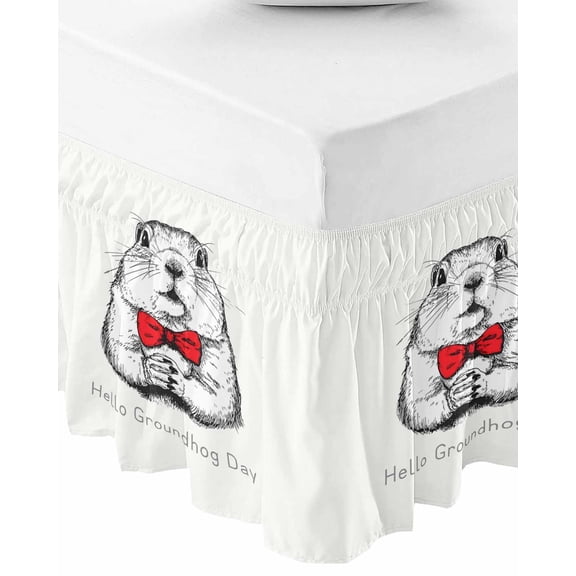 Groundhog Day Bed Skirt King Size 16 Inch Drop, Wrap Around Bed Skirts, Red Bow Knot Spring Elastic Bedskirt Pleated Bed Frame Cover Luxurious Dust Ruffle for King Bed