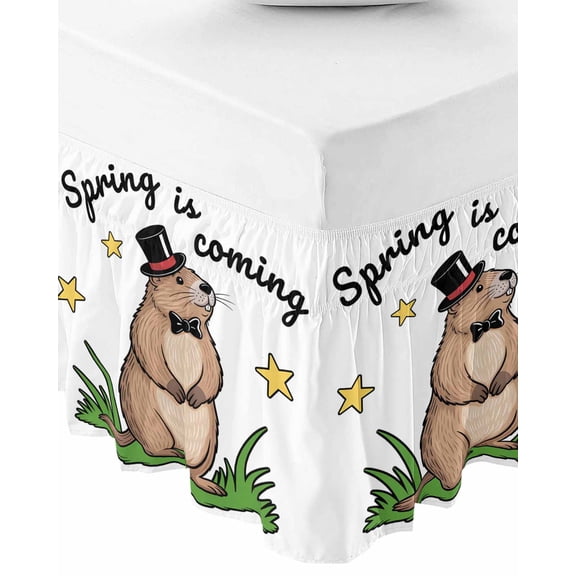 Groundhog Day Bed Skirt King Size 16 Inch Drop, Wrap Around Bed Skirts, Spring Botanical Star Yellow Elastic Bedskirt Pleated Bed Frame Cover Luxurious Dust Ruffle for King Bed