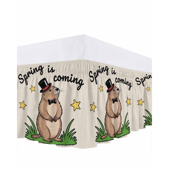 Groundhog Day Bed Skirt King Size 18 Inch Drop, Spring Is Coming Cartoon Groundhog Stars Grass Adjustable Elastic Dust Ruffles Bedskirt for King Bed Wrap Around Pleated Mattress Frame Cover