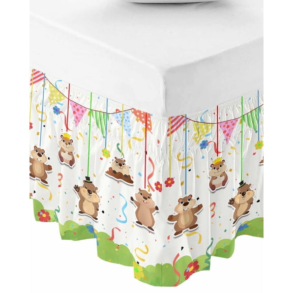 Groundhog Day Bed Skirt Queen Size 16 Inch Drop, Wrap Around Bed Skirts, Bunting Floral Cartoon Funny Colorful Cute Elastic Bedskirt Pleated Bed Frame Cover Luxurious Dust Ruffle for Queen Bed