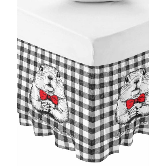 Groundhog Day Bed Skirt Queen Size 16 Inch Drop, Wrap Around Bed Skirts, Red Bow Knot Black Checkered Elastic Bedskirt Pleated Bed Frame Cover Luxurious Dust Ruffle for Queen Bed