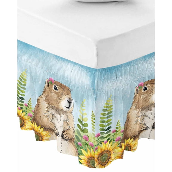 Groundhog Day Bed Skirt Queen Size 18 Inch Drop, Wrap Around Bed Skirts, Sunflower Spring Floral Botanical Blue Elastic Bedskirt Pleated Bed Frame Cover Luxurious Dust Ruffle for Queen Bed