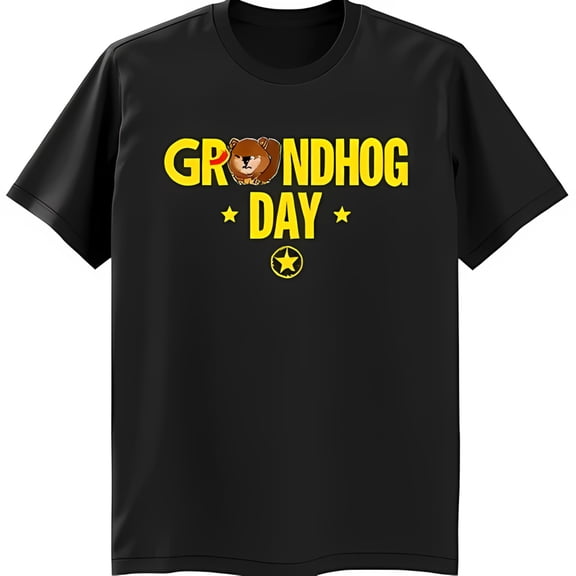 Groundhog Day Black T-Shirt with Cartoon Groundhog Graphic & Stars Short Sleeve Crew Neck