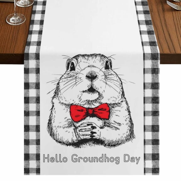 Groundhog Day Burlap Cotton Table Runner 13x36 Inches Short, Red Bow Knot Black Plaid Farmhouse Table Runners, Outdoor Dining Tablecloths Decor for Baby Shower/Party/Wedding