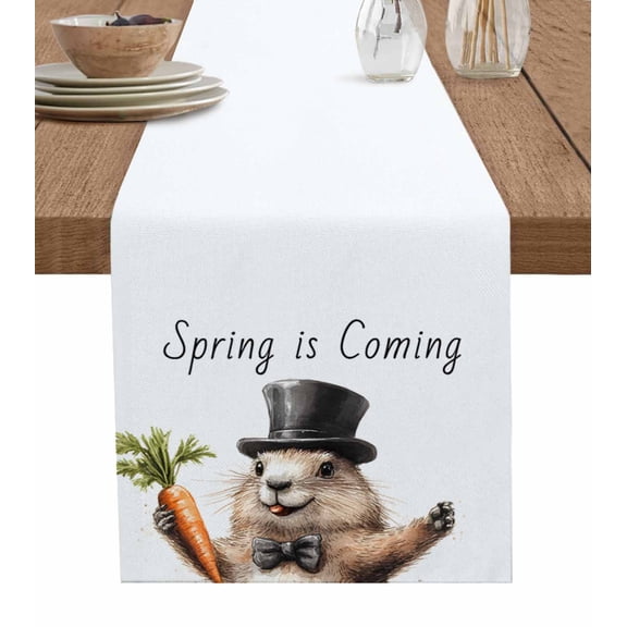 Groundhog Day Burlap Cotton Table Runner 13x36 Inches Short, Spring Cute Brown Aniamls Carrot Farmhouse Table Runners, Outdoor Dining Tablecloths Decor for Baby Shower/Party/Wedding