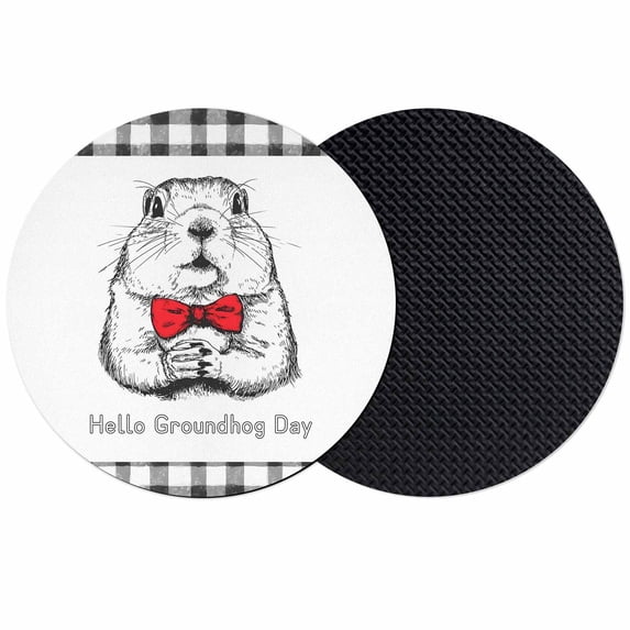 Groundhog Day Coasters Set of 2, Absorbent Coasters for Drinks, Red Bow Knot Black Plaid Coaster for Desk Coffee Table Protection, Home Decor House Warming Gifts 4"