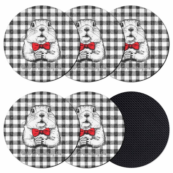 Groundhog Day Coasters Set of 6, Absorbent Coasters for Drinks, Red Bow Knot Black Checkered Coaster for Desk Coffee Table Protection, Home Decor House Warming Gifts 4"