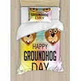 thumbnail image 1 of Groundhog Day Collection Duvet Cover Set, Happy Cartoon Marmot Heads on Blurry Colored Back, Decorative 2 Piece Bedding Set with 1 Pillow Shams, Twin Size, Pale Caramel and Multicolor, by Ambesonne, 1 of 3