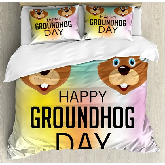 Groundhog Day Collection Duvet Cover Set, Happy Cartoon Marmot Heads on Blurry Colored Back, Decorative 3 Piece Bedding Set with 2 Pillow Shams, King Size, Pale Caramel and Multicolor, by Ambesonne