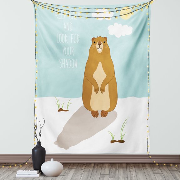 Groundhog Day Collection Tapestry, Keep Calm and Look for Your Shadow Standing Marmot Sun, Wall Hanging for Bedroom Living Room Dorm Decor, 40W X 60L Inches, Pale Blue and Ginger, by Ambesonne