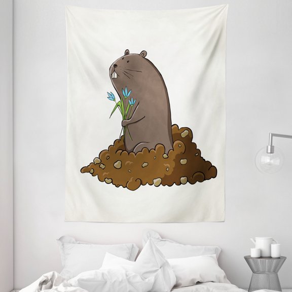 Groundhog Day Collection Tapestry, Marmot Holds Blue Flowers in Earth Mud Cartoon, Wall Hanging for Bedroom Living Room Dorm Decor, 60W X 80L Inches, Taupe Off White and Chocolate, by Ambesonne
