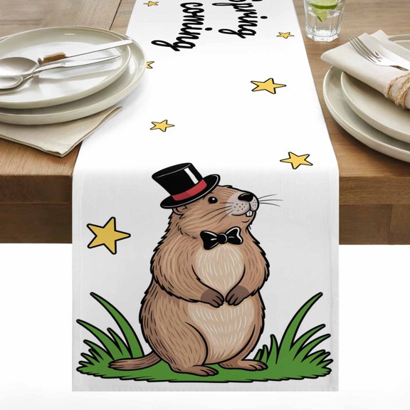 Groundhog Day Cotton Linen Table Runner Spring Is Coming Cartoon Groundhog Stars Grass Dining Table Runners for Home Decor Party Dining Room Restaurant Kitchen 13" x 36"