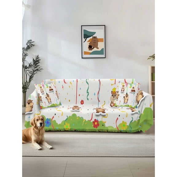 Groundhog Day Couch Cover, Bunting Floral Cartoon Funny Colorful Cute Sofa Cover Blanket for Loveseat Couches, Sectional Sofa Slipcover Furniture Protector for Living Room Bedroom 71''x118''