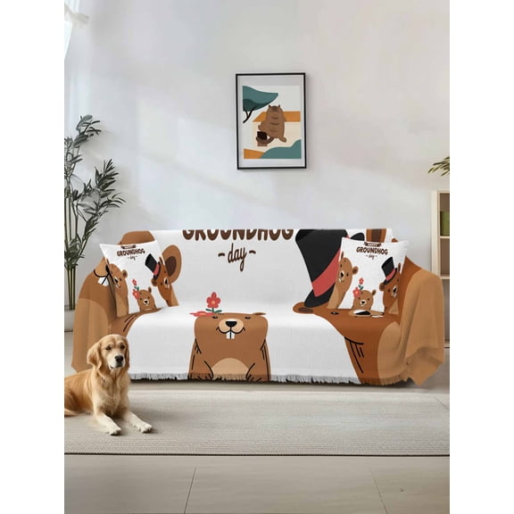 Groundhog Day Couch Cover, Cartoon Funny Modern Farmhouse Country Cute Sofa Cover Blanket for Loveseat Couches, Sectional Sofa Slipcover Furniture Protector for Living Room Bedroom 71''x118''