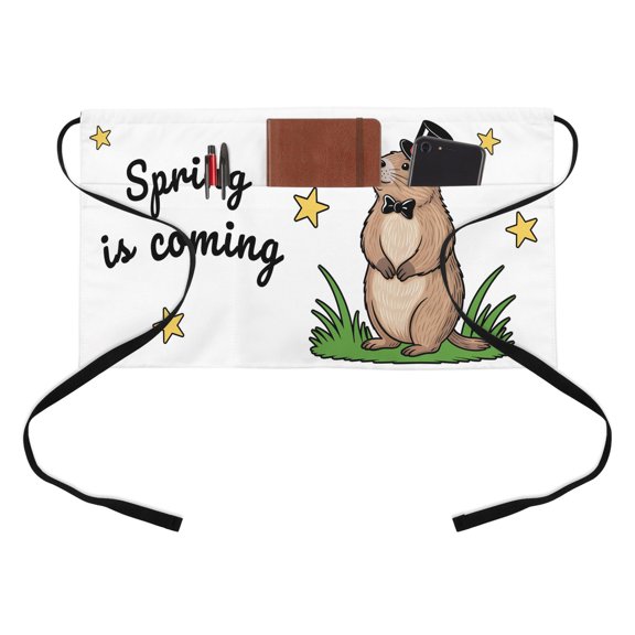 Groundhog Day Half Waist Apron Spring Is Coming Cartoon Groundhog Stars Grass Short Waiter Aprons with 3 Pockets for Women Men Kitchen Restaurant Cooking