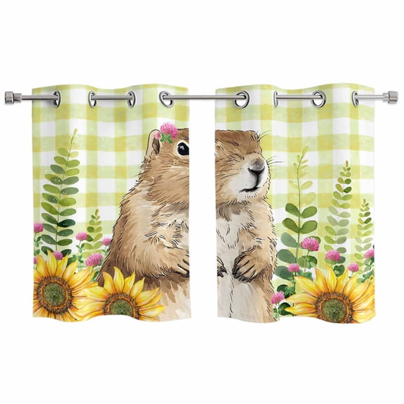 Groundhog Day Kitchen Curtains Window Panels, Yellow Plaid Sunflower Spring Floral Insulated Window Treatment Curtain, Grommet Curtains for Bedroom/Living Room/Bathroom, 2 Piece 27.5"Wx39"L
