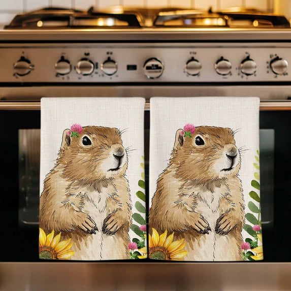 Groundhog Day Kitchen Towels Set of 1, Sunflower Spring Floral Botanical Rustic Absorbent Dish Towels for Kitchen, Microfiber Hand Towel, Quick Drying Tea Towel for Cleaning Decorative Dishcloths