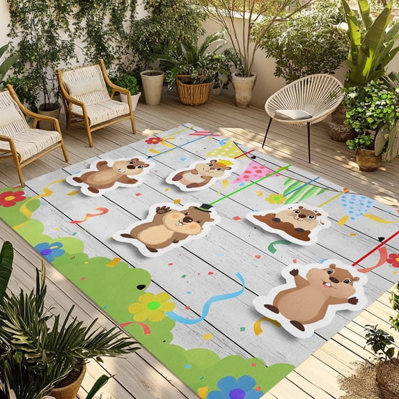 Groundhog Day Outdoor Rug for Patio/Deck/Porch, Non-Slip Large Area Rug 6 x 9 Ft, Colorful Ribbon Spring Vintage Indoor Outdoor Rugs Washable Area Rugs, Reversible Camping Rug Carpet Runner