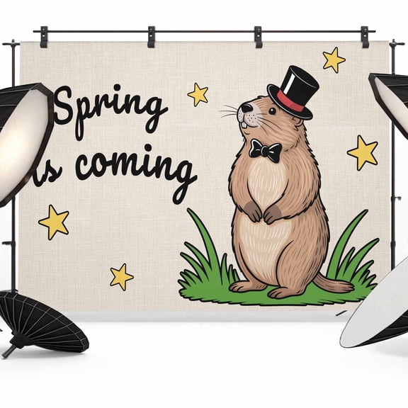 Groundhog Day Photography Backdrop 7x5FT, Spring Is Coming Cartoon Groundhog Stars Grass Linen Texture Photo Backdrops, Background for Photography Studio, Back Drop for Photoshoot