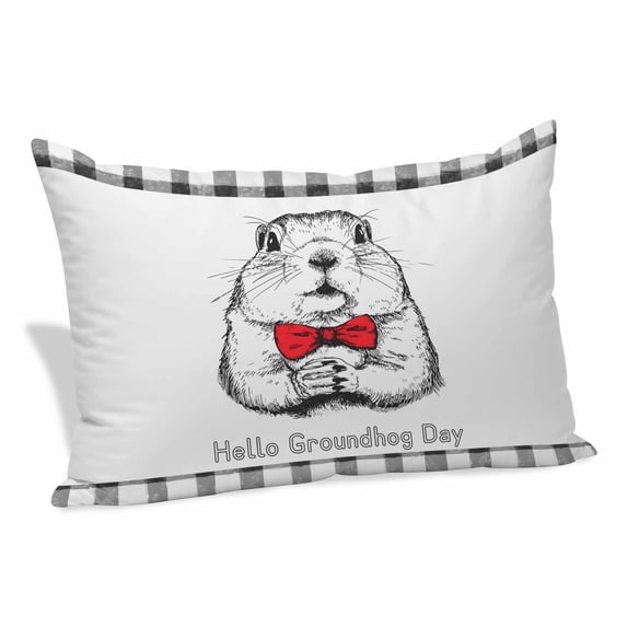 Groundhog Day Pillow Covers, Linen Long Throw Pillow Case, Red Bow Knot Black Plaid Holiday Pillow Protector Decorative Cushion Cover for Living Room/Bedroom 12" x 20"