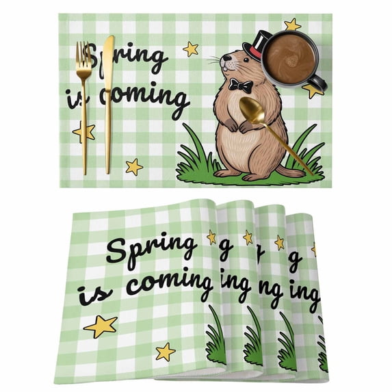 Groundhog Day Placemats Set of 6, Green Plaid Spring Botanical Star Yellow Placemats for Dining Table, Place Mats for Kitchen Tabletop, Waterproof Wipeable Dining Table Mats Set