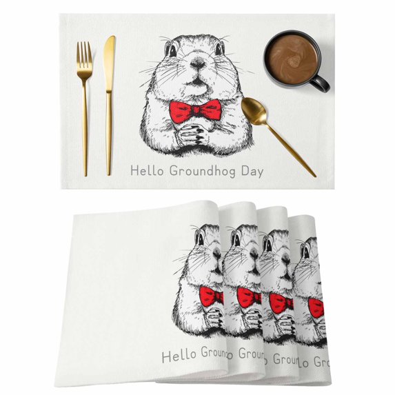 Groundhog Day Placemats Set of 6, Red Bow Knot Spring Placemats for Dining Table, Place Mats for Kitchen Tabletop, Waterproof Wipeable Dining Table Mats Set