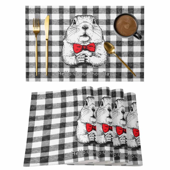 Groundhog Day Placemats Set of 8, Red Bow Knot Black Checkered Placemats for Dining Table, Place Mats for Kitchen Tabletop, Waterproof Wipeable Dining Table Mats Set