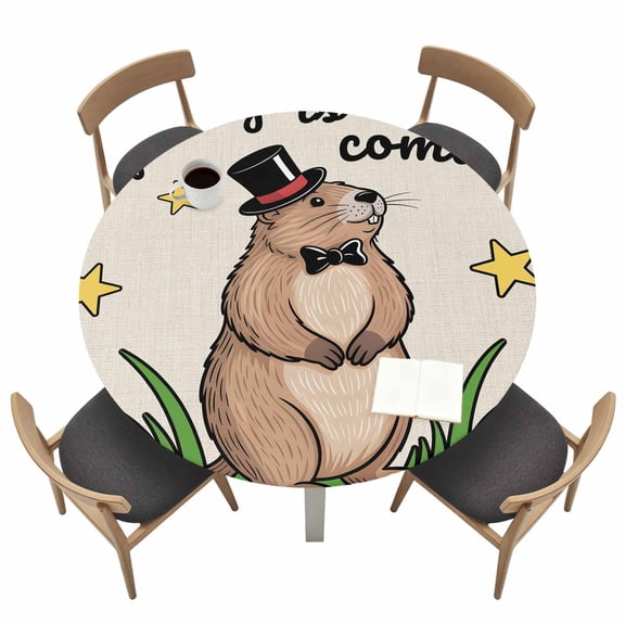 Groundhog Day Round Fitted Tablecloth Spring Is Coming Cartoon Groundhog Stars Grass Linen Texture Waterproof Elastic Stretch Table Cover for 36"-44" Round Table, Tablecloth for Picnic Dinner