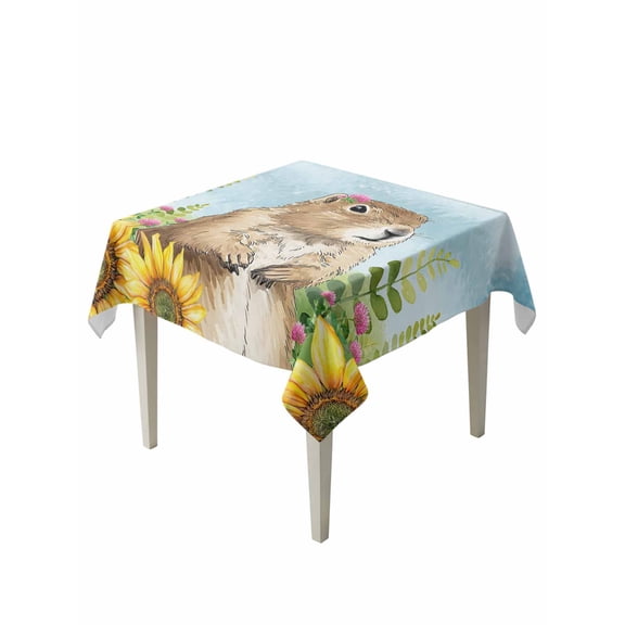 Groundhog Day Suqare Tablecloth - 54 x 54 Inch, Sunflower Spring Floral Botanical Blue Waterproof & StainResistant Tablecloth, Washable Oil-proof Table Cover for Dining/Party/Wedding/Camping/Buffet