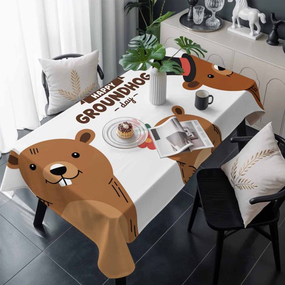 Groundhog Day Table Cloth Waterproof Tablecloths, Cartoon Funny Modern Farmhouse Country Cute Tablecloth Dining Table Cover for Kitchen Party Tabletop Outdoor, Rectangle Tablecloth 60x120 Inch