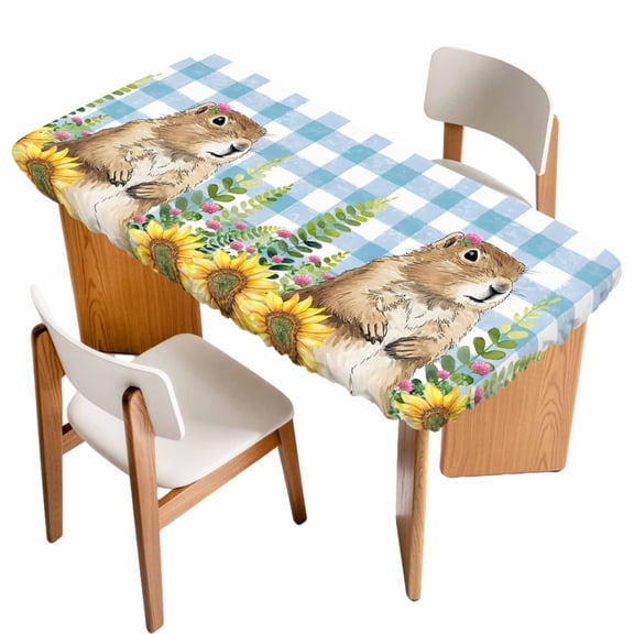 Groundhog Day Table Cloths for 3 Foot Rectangle Tables, Blue Plaid Sunflower Spring Floral Patio Waterproof Elastic Fitted Tablecloths, Washable Rectangular Table Cover for Camping