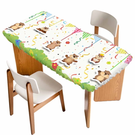 Groundhog Day Table Cloths for 3 Foot Rectangle Tables, Bunting Floral Cartoon Funny Colorful Cute Patio Waterproof Elastic Fitted Tablecloths, Washable Rectangular Table Cover for Camping