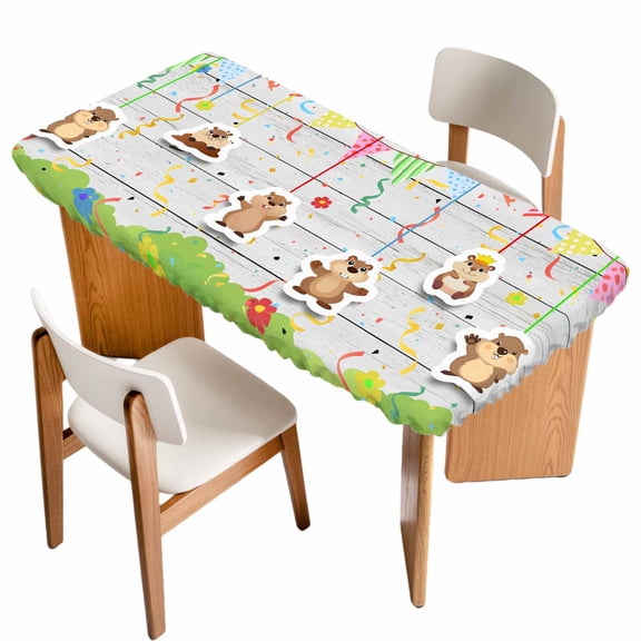 Groundhog Day Table Cloths for 3 Foot Rectangle Tables, Colorful Ribbon Spring Vintage Patio Waterproof Elastic Fitted Tablecloths, Washable Rectangular Table Cover for Camping