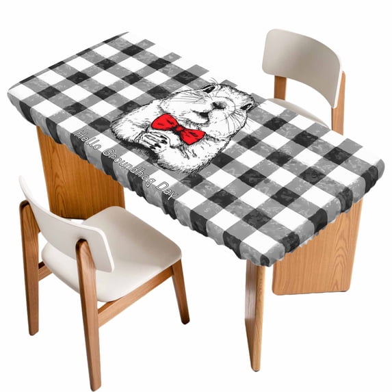 Groundhog Day Table Cloths for 3 Foot Rectangle Tables, Red Bow Knot Black Checkered Patio Waterproof Elastic Fitted Tablecloths, Washable Rectangular Table Cover for Camping