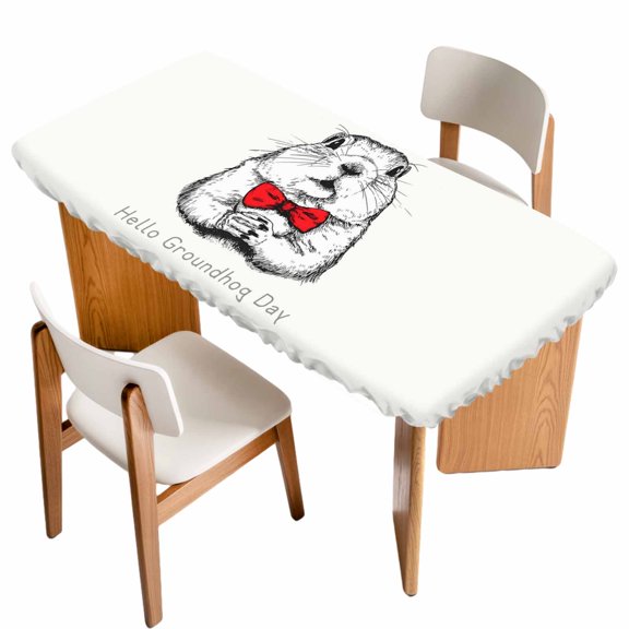 Groundhog Day Table Cloths for 3 Foot Rectangle Tables, Red Bow Knot Spring Patio Waterproof Elastic Fitted Tablecloths, Washable Rectangular Table Cover for Camping