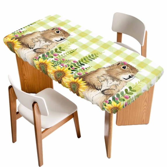 Groundhog Day Table Cloths for 3 Foot Rectangle Tables, Yellow Plaid Sunflower Spring Floral Patio Waterproof Elastic Fitted Tablecloths, Washable Rectangular Table Cover for Camping