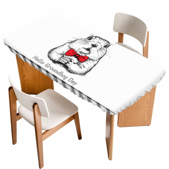 Groundhog Day Table Cloths for 5 Foot Rectangle Tables, Red Bow Knot Black Plaid Patio Waterproof Elastic Fitted Tablecloths, Washable Rectangular Table Cover for Camping