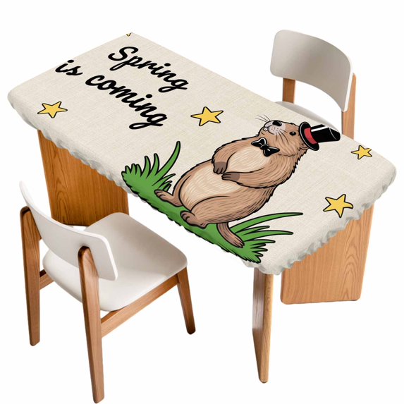 Groundhog Day Table Cloths for 5 Foot Rectangle Tables, Rustic Spring Botanical Star Yellow Patio Waterproof Elastic Fitted Tablecloths, Washable Rectangular Table Cover for Camping