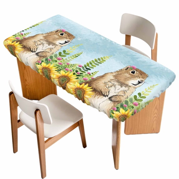 Groundhog Day Table Cloths for 5 Foot Rectangle Tables, Sunflower Spring Floral Botanical Blue Patio Waterproof Elastic Fitted Tablecloths, Washable Rectangular Table Cover for Camping