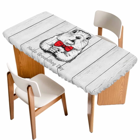 Groundhog Day Table Cloths for 6 Foot Rectangle Tables, Red Bow Knot Vintage Patio Waterproof Elastic Fitted Tablecloths, Washable Rectangular Table Cover for Camping