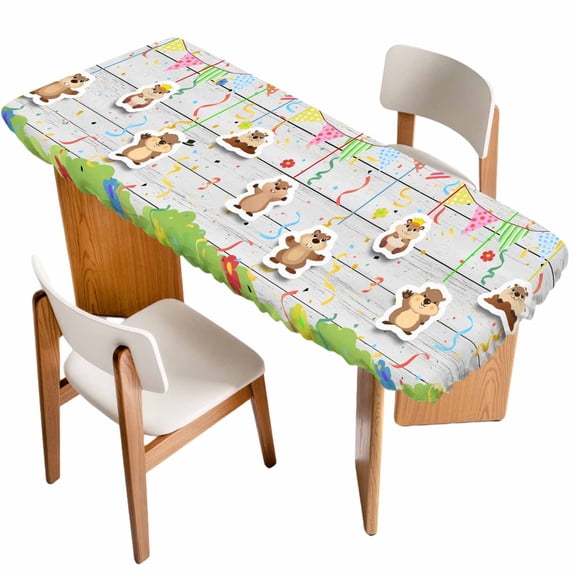 Groundhog Day Table Cloths for 8 Foot Rectangle Tables, Colorful Ribbon Spring Vintage Patio Waterproof Elastic Fitted Tablecloths, Washable Rectangular Table Cover for Camping