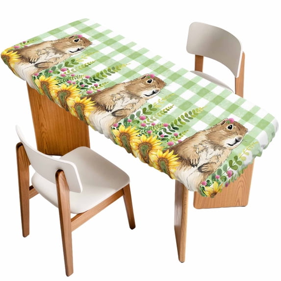 Groundhog Day Table Cloths for 8 Foot Rectangle Tables, Green Plaid Sunflower Spring Floral Patio Waterproof Elastic Fitted Tablecloths, Washable Rectangular Table Cover for Camping