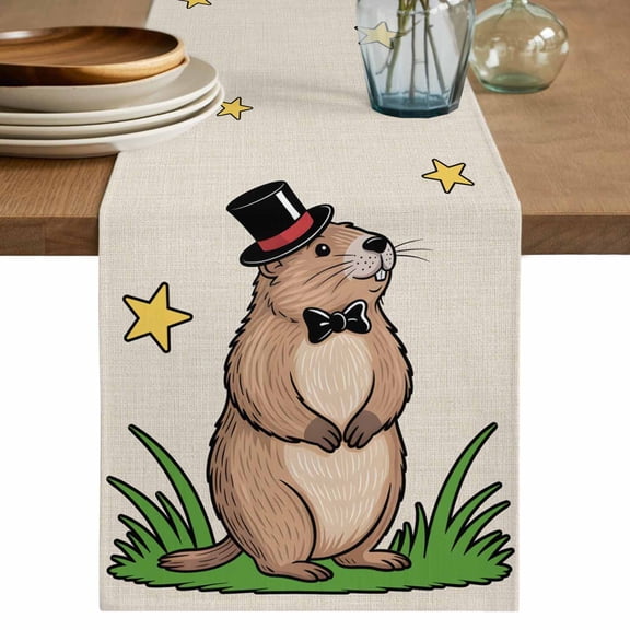 Groundhog Day Table Runner 36 Inches, Rustic Spring Botanical Star Yellow Bed Runner Dresser Scarves Tabletop for Indoor Outdoor Parties/Ceremony/Banquet, 13"x 36"