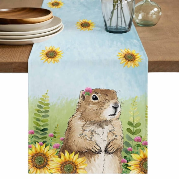 Groundhog Day Table Runner 36 Inches, Sunflower Spring Floral Botanical Blue Bed Runner Dresser Scarves Tabletop for Indoor Outdoor Parties/Ceremony/Banquet, 13"x 36"