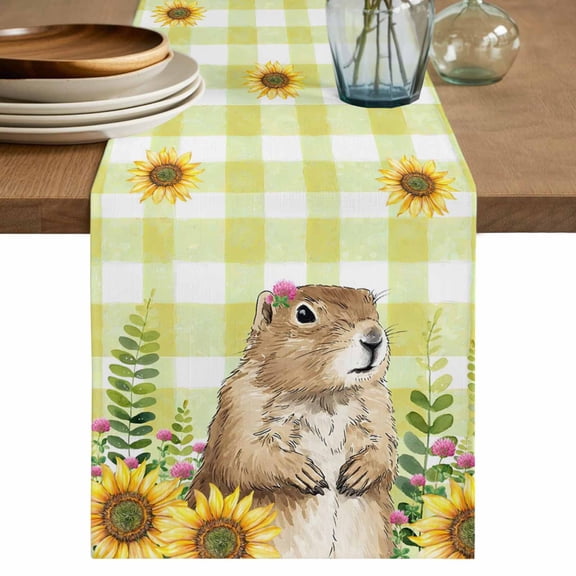 Groundhog Day Table Runner 36 Inches, Yellow Plaid Sunflower Spring Floral Bed Runner Dresser Scarves Tabletop for Indoor Outdoor Parties/Ceremony/Banquet, 13"x 36"