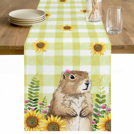 Groundhog Day Table Runner - 48 Inch Long Yellow Plaid Sunflower Spring Floral Cotton and Linen Blended Dress Scarves Farmhouse Table Runner for Kitchen Dining, Coffee Table, 13" x 48"